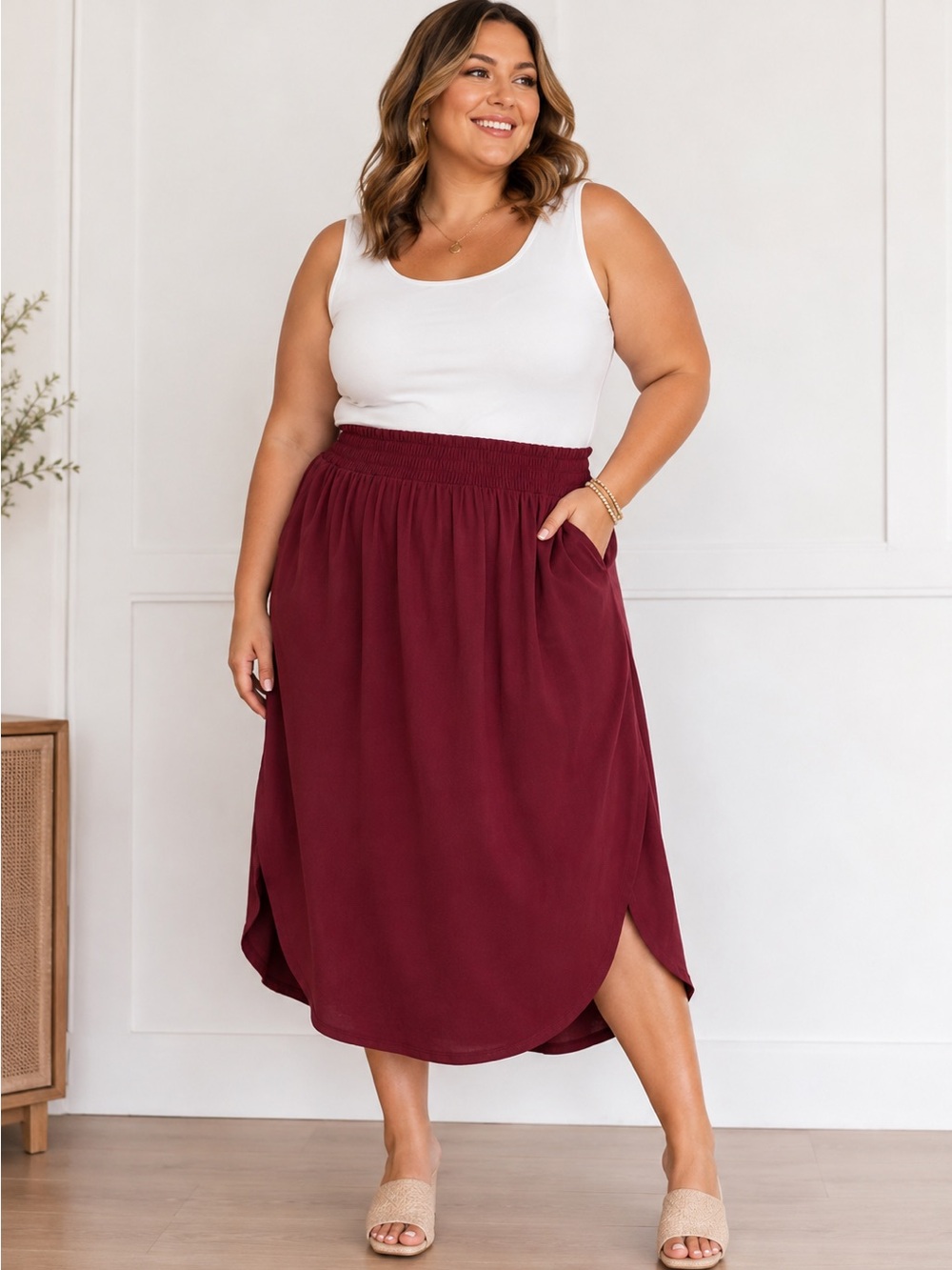 ZENANA Curvy Women's Smocked Waist Burgundy Maxi Skirt